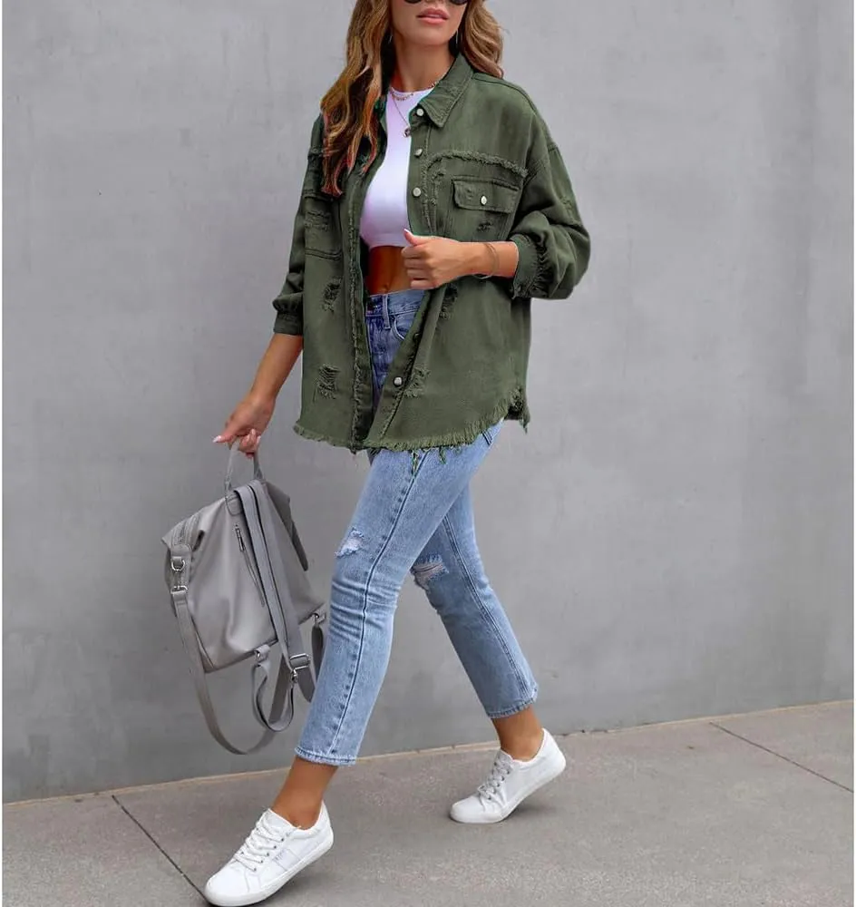 Women's Button Down Oversized Denim Jackets Ripped Frayed Shacket Jean Coat Distressed Shirts with Pockets