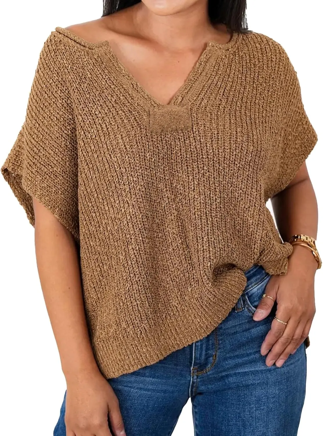 Womens Cap Sleeve Tops Spring Fall Casual V Neck Loose Fit Knit Lightweight Sweater Pullover Top