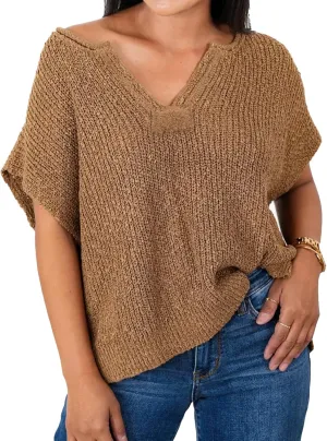 Womens Cap Sleeve Tops Spring Fall Casual V Neck Loose Fit Knit Lightweight Sweater Pullover Top