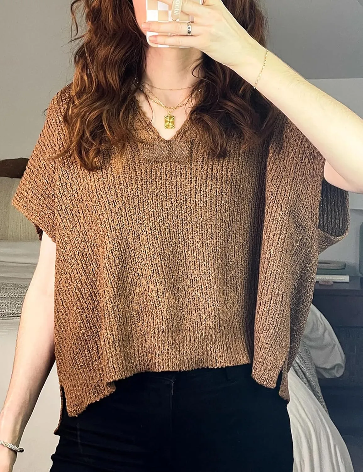Womens Cap Sleeve Tops Spring Fall Casual V Neck Loose Fit Knit Lightweight Sweater Pullover Top