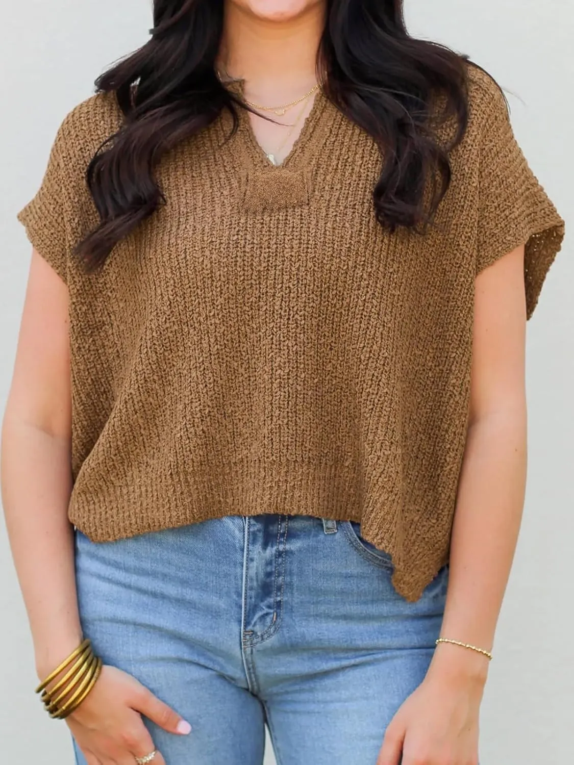 Womens Cap Sleeve Tops Spring Fall Casual V Neck Loose Fit Knit Lightweight Sweater Pullover Top