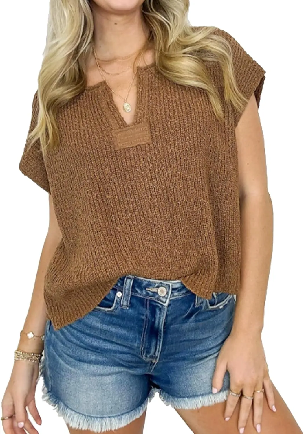 Womens Cap Sleeve Tops Spring Fall Casual V Neck Loose Fit Knit Lightweight Sweater Pullover Top