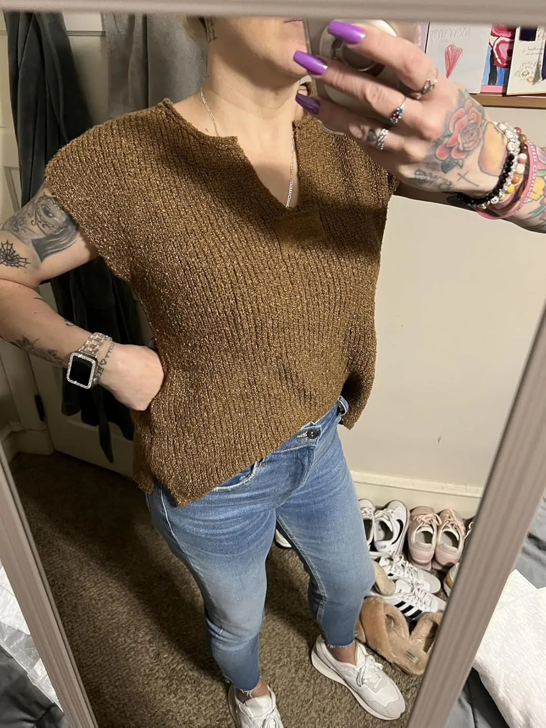Womens Cap Sleeve Tops Spring Fall Casual V Neck Loose Fit Knit Lightweight Sweater Pullover Top