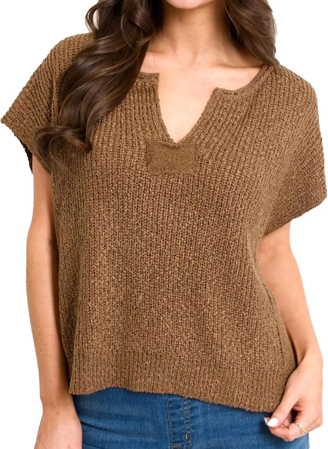 Womens Cap Sleeve Tops Spring Fall Casual V Neck Loose Fit Knit Lightweight Sweater Pullover Top