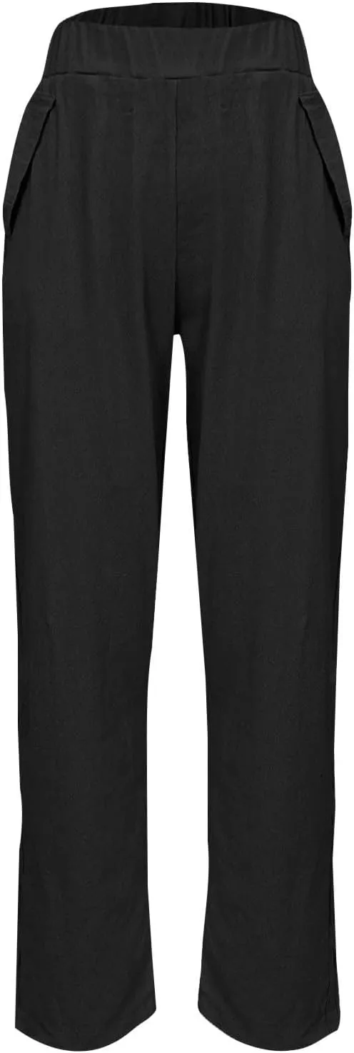 Womens Cargo Pants, Women's Casual Pants Peasant Straight Leg Linen Elastic Waist