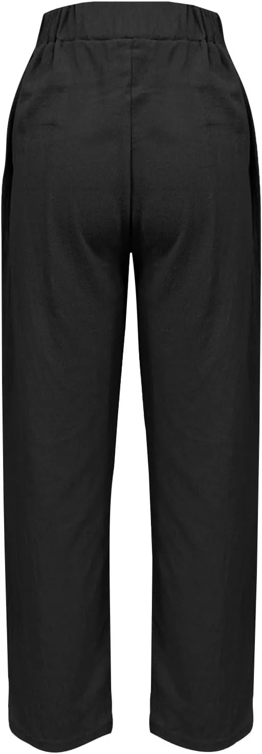 Womens Cargo Pants, Women's Casual Pants Peasant Straight Leg Linen Elastic Waist