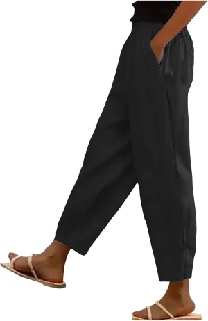 Womens Cargo Pants, Women's Casual Pants Peasant Straight Leg Linen Elastic Waist