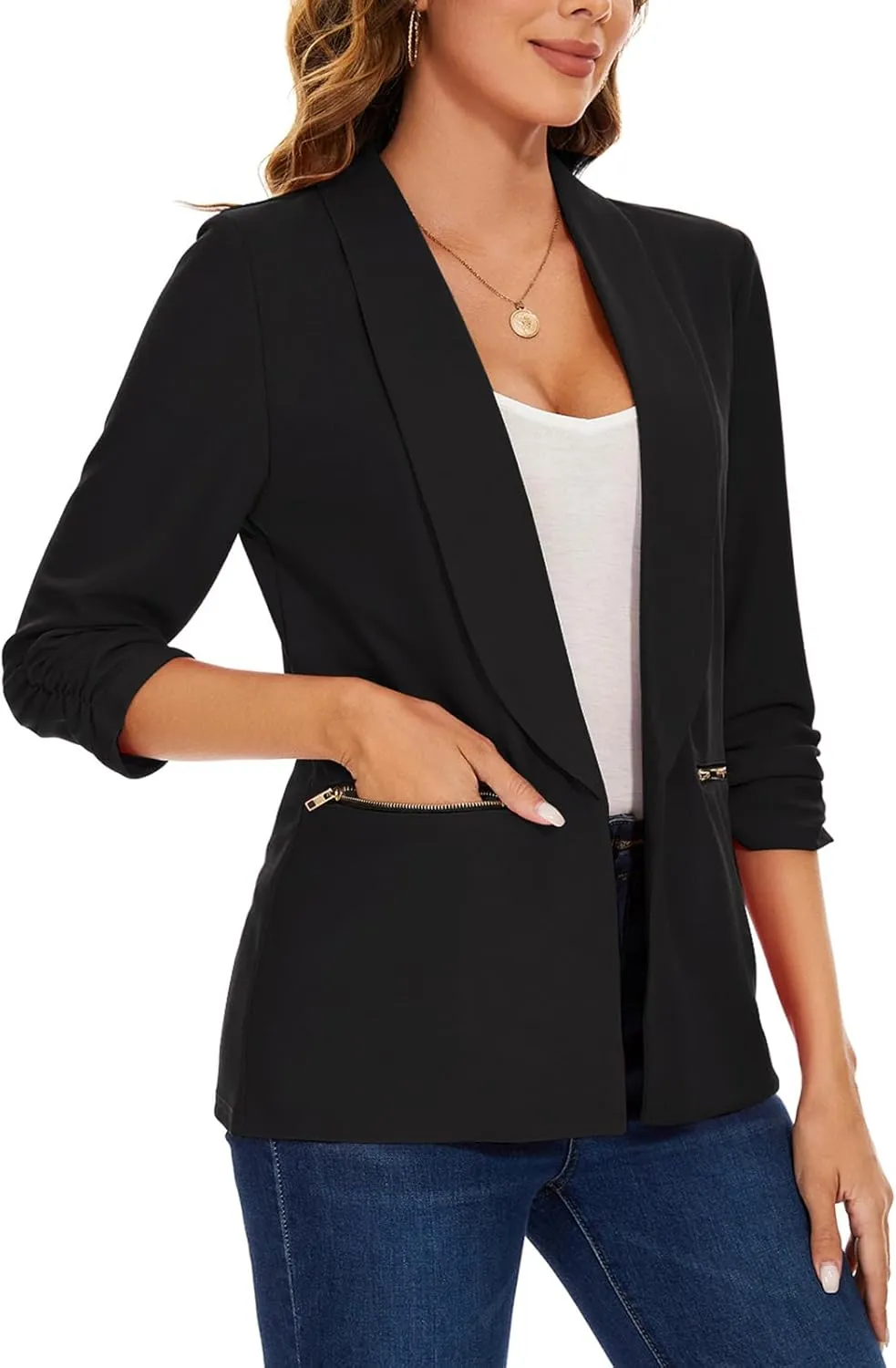 Womens Casual Blazer Ruched 3/4 Sleeve Open Front Cardigan Work Office Blazers Suit Jacket with Zipper Pocket