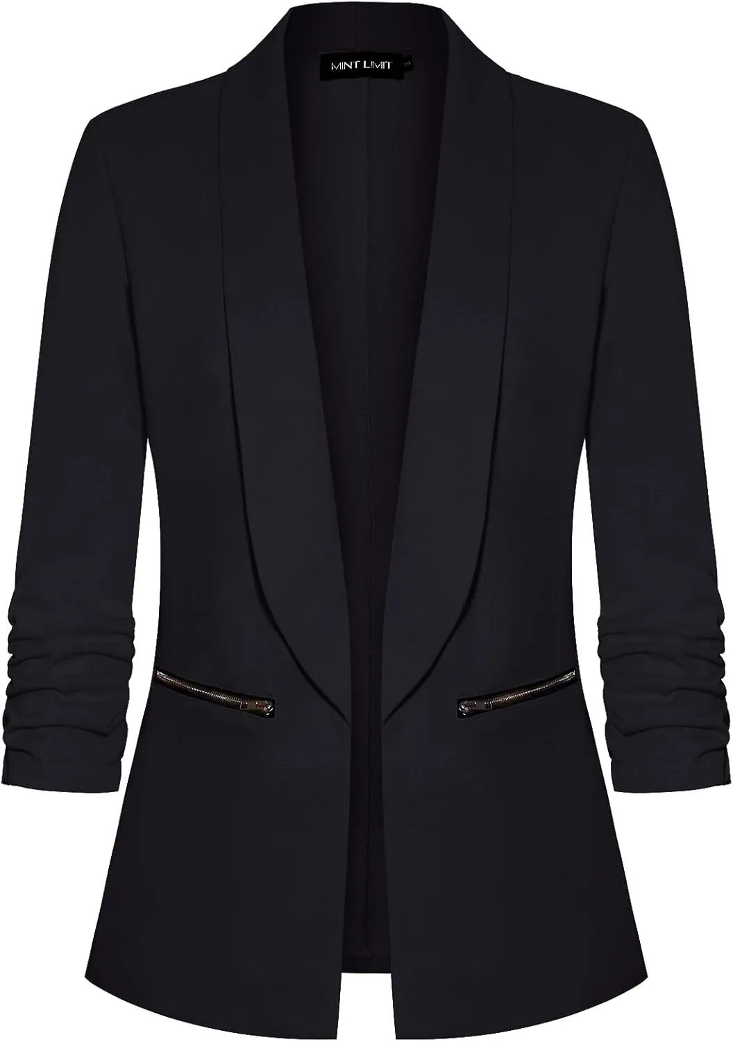 Womens Casual Blazer Ruched 3/4 Sleeve Open Front Cardigan Work Office Blazers Suit Jacket with Zipper Pocket