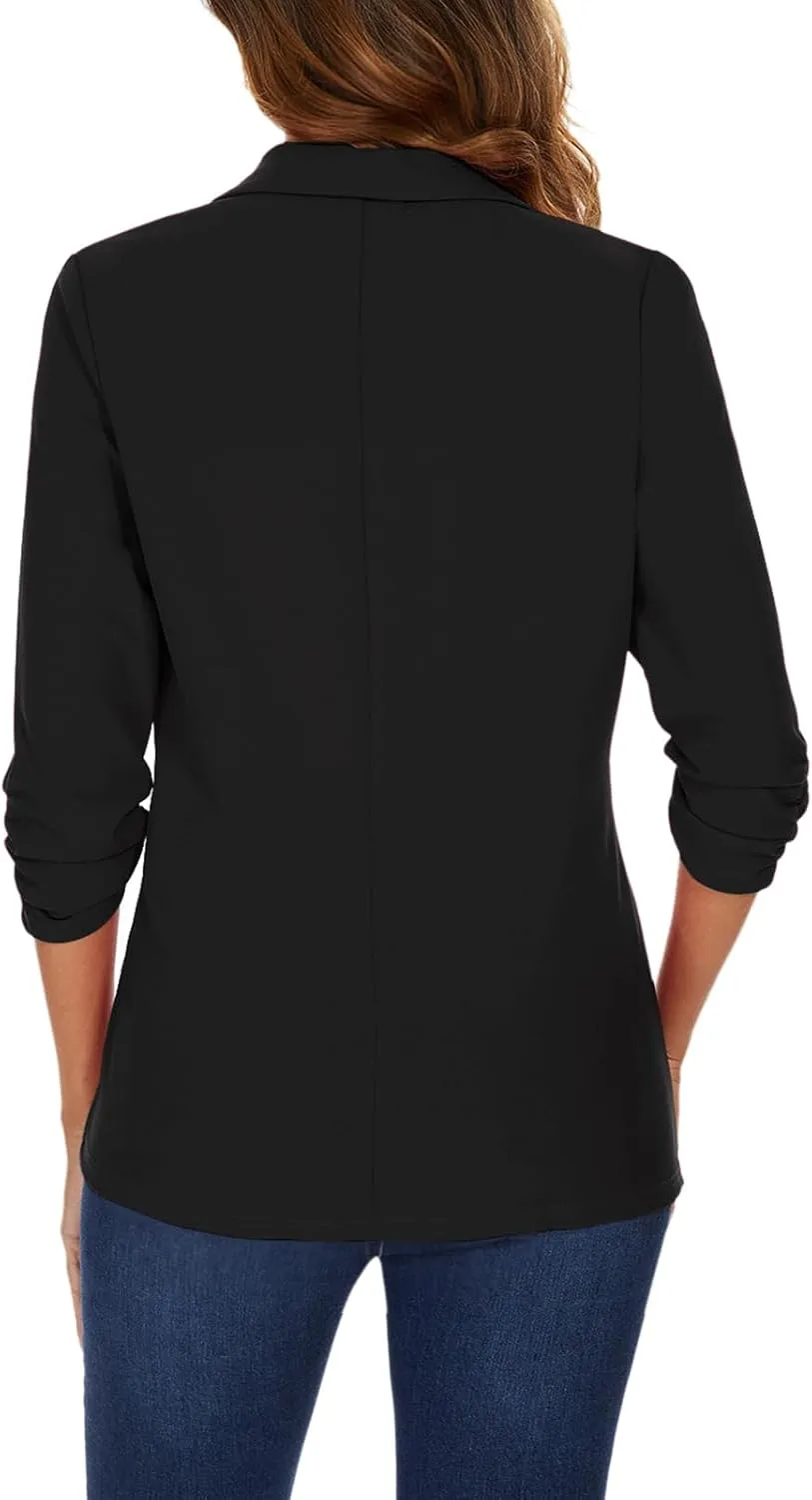 Womens Casual Blazer Ruched 3/4 Sleeve Open Front Cardigan Work Office Blazers Suit Jacket with Zipper Pocket