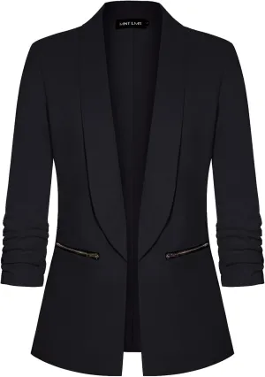 Womens Casual Blazer Ruched 3/4 Sleeve Open Front Cardigan Work Office Blazers Suit Jacket with Zipper Pocket