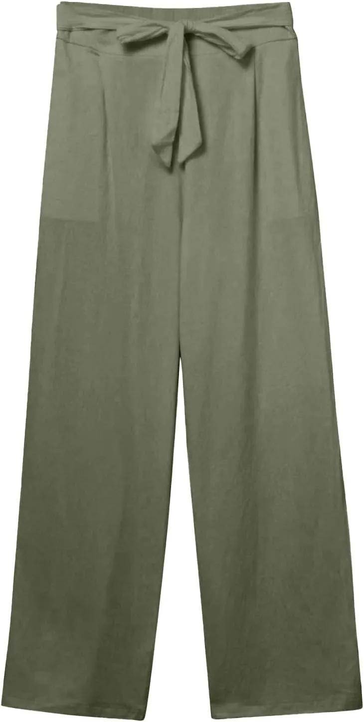 Women's Casual Cotton Linen Pants Elastic Waist Loose Fit Straight Jogger Pants Drawstring Solid Trousers with Pockets