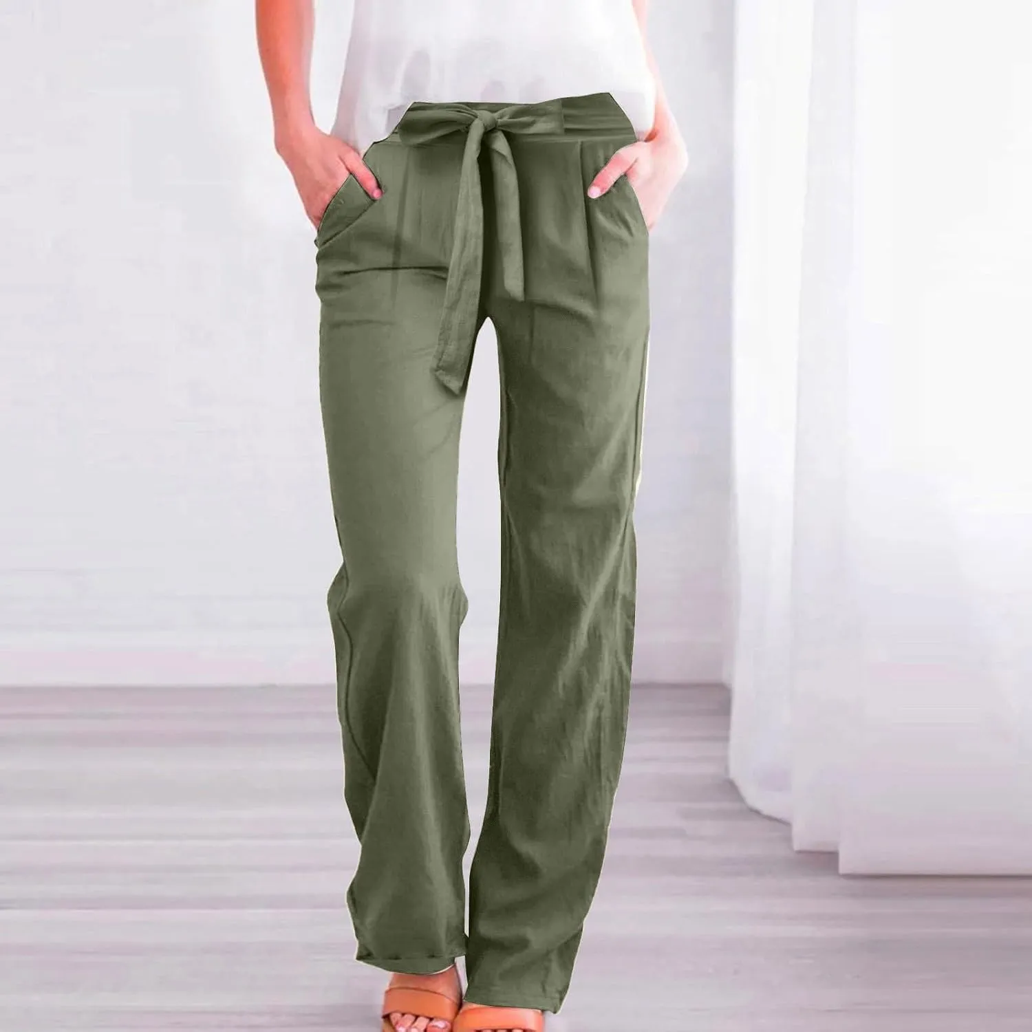 Women's Casual Cotton Linen Pants Elastic Waist Loose Fit Straight Jogger Pants Drawstring Solid Trousers with Pockets