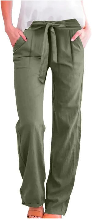 Women's Casual Cotton Linen Pants Elastic Waist Loose Fit Straight Jogger Pants Drawstring Solid Trousers with Pockets