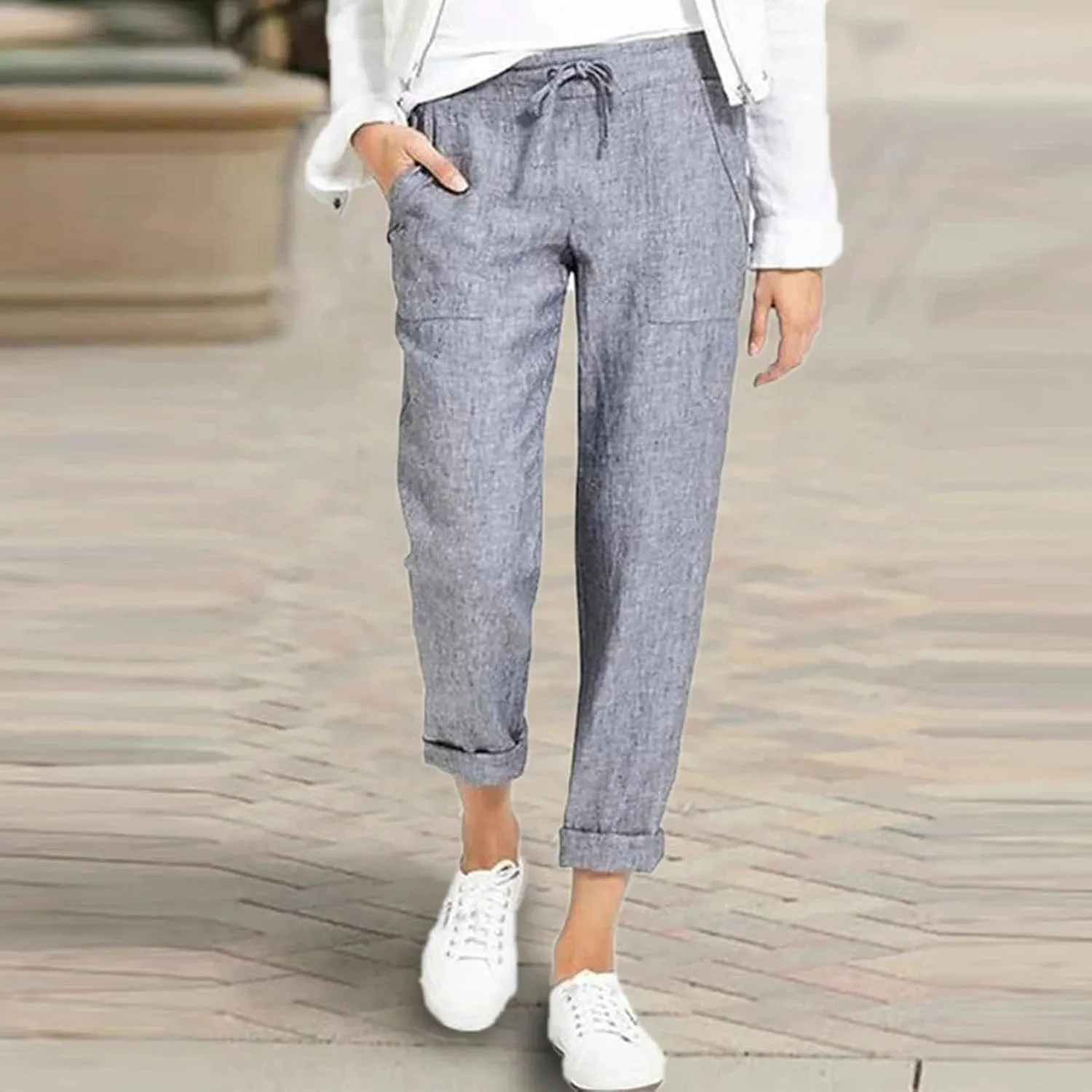 Womens Casual Lightweight Drawstring Elastic Waist Pants with Pockets Tie Dye Slacks Cropped Trouser Beach Clothes