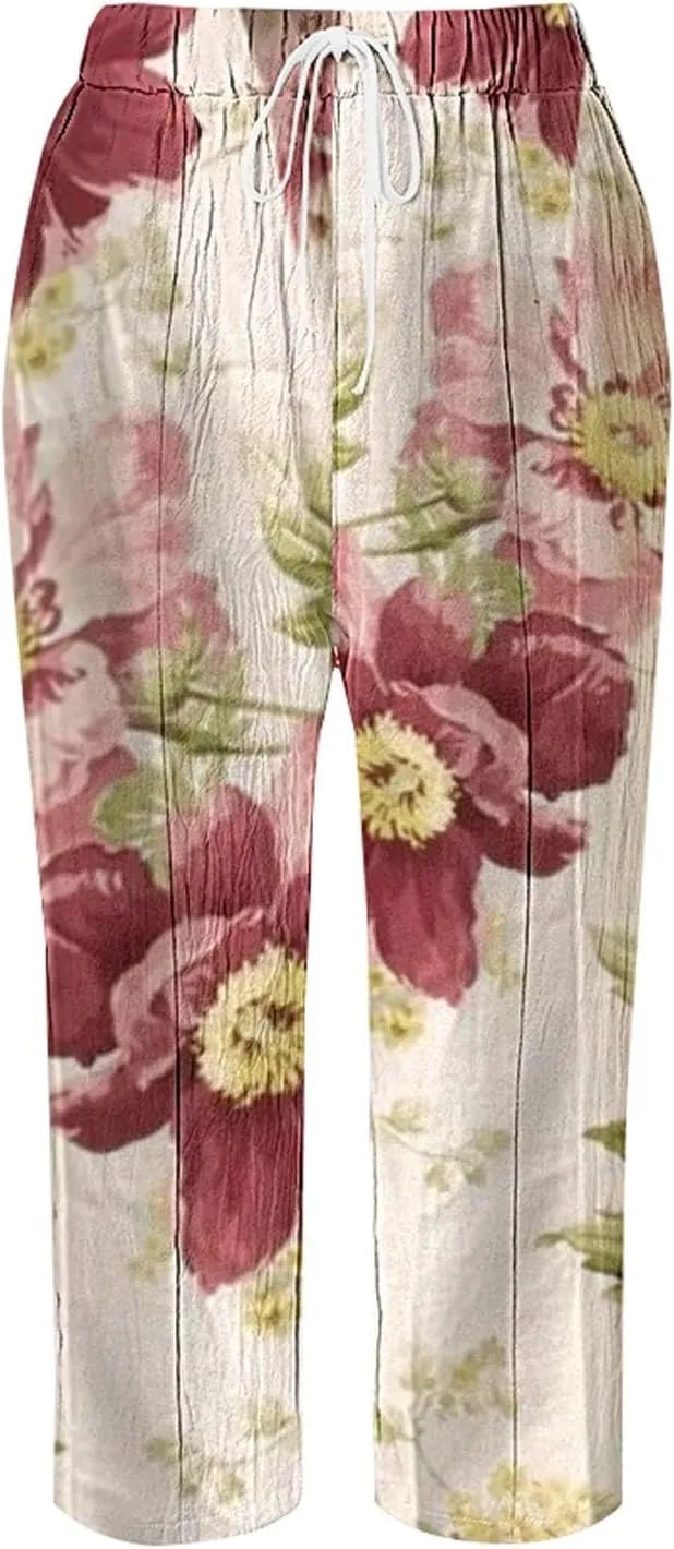 Womens Casual Linen Pants 2024 Drawstring Elastic Waist Trousers with Pockets Lounge Fashion Vacation Capri Pants