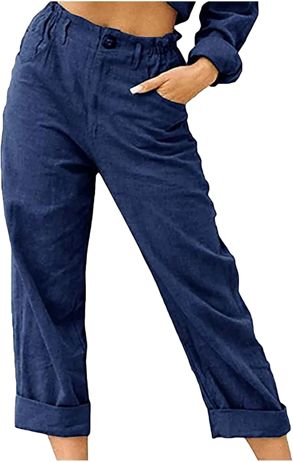 Womens Casual Summer Cotton Linen Pants Elastic Waist Straight Leg Capris Pant Cropped Lounge Trousers with Pockets