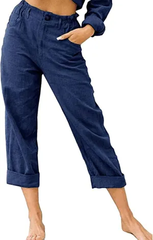 Womens Casual Summer Cotton Linen Pants Elastic Waist Straight Leg Capris Pant Cropped Lounge Trousers with Pockets