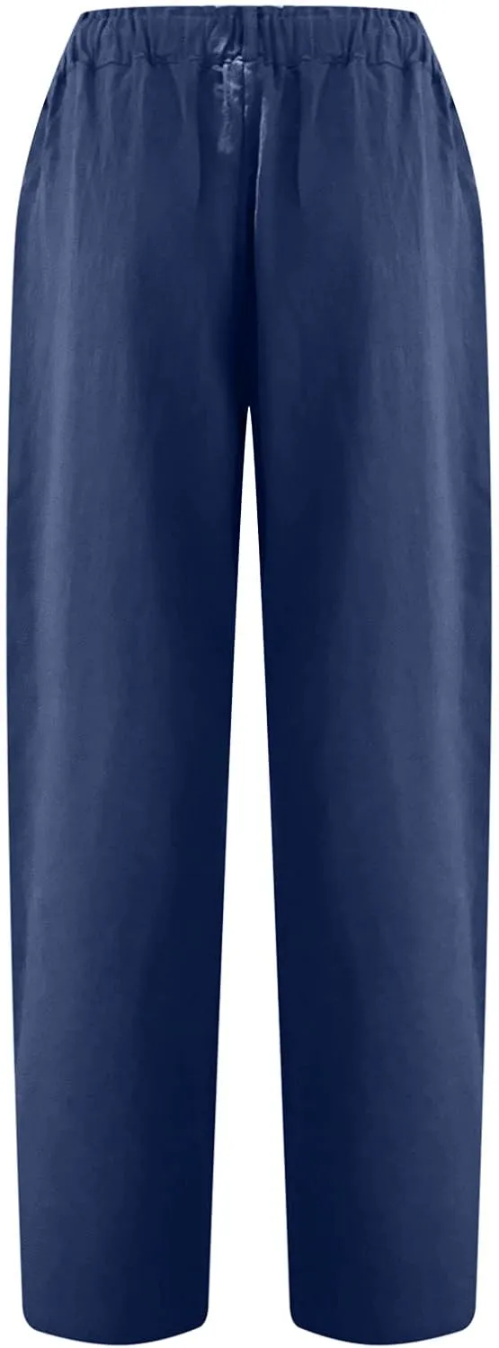 Womens Casual Summer Cotton Linen Pants Elastic Waist Straight Leg Capris Pant Cropped Lounge Trousers with Pockets