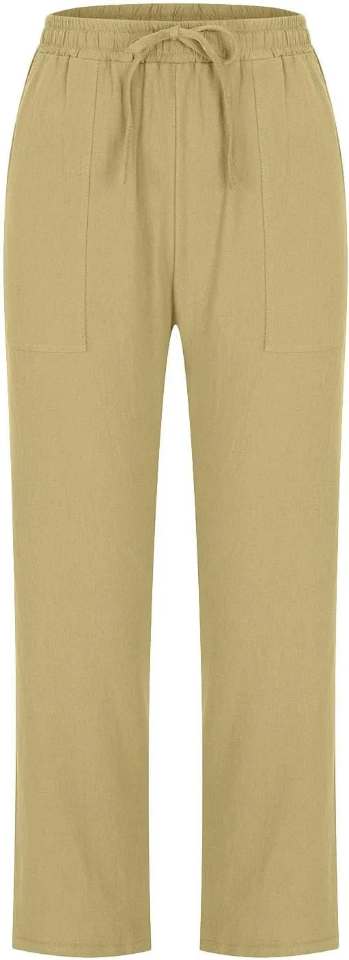 Womens Classic Casual Linen Pants Slim Fit Straight Lounge Comfy Trousers with Drawstring Elastic Waist for Summer