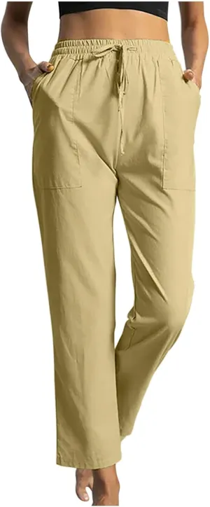 Womens Classic Casual Linen Pants Slim Fit Straight Lounge Comfy Trousers with Drawstring Elastic Waist for Summer