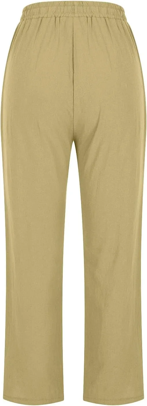Womens Classic Casual Linen Pants Slim Fit Straight Lounge Comfy Trousers with Drawstring Elastic Waist for Summer