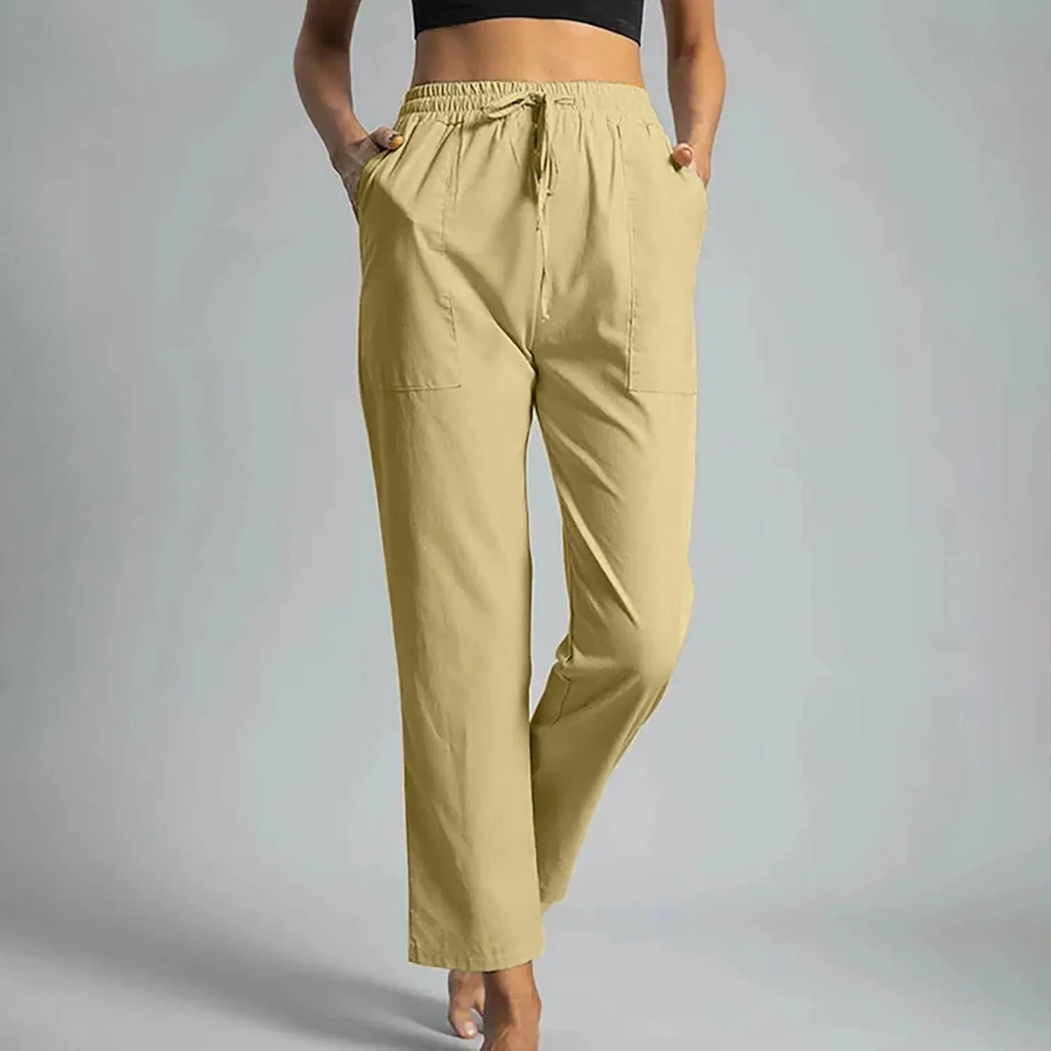 Womens Classic Casual Linen Pants Slim Fit Straight Lounge Comfy Trousers with Drawstring Elastic Waist for Summer