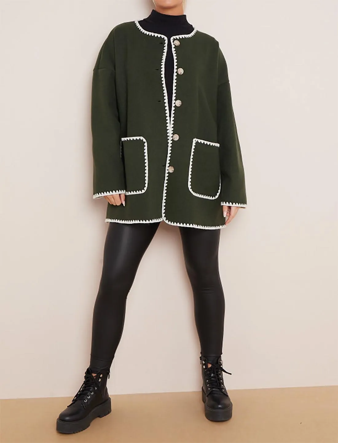 Womens Contrast Blanket Stitching Scarf Jacket Ladies Front Button Long Sleeves Pockets Jackets