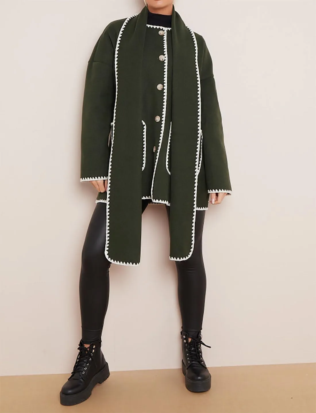 Womens Contrast Blanket Stitching Scarf Jacket Ladies Front Button Long Sleeves Pockets Jackets