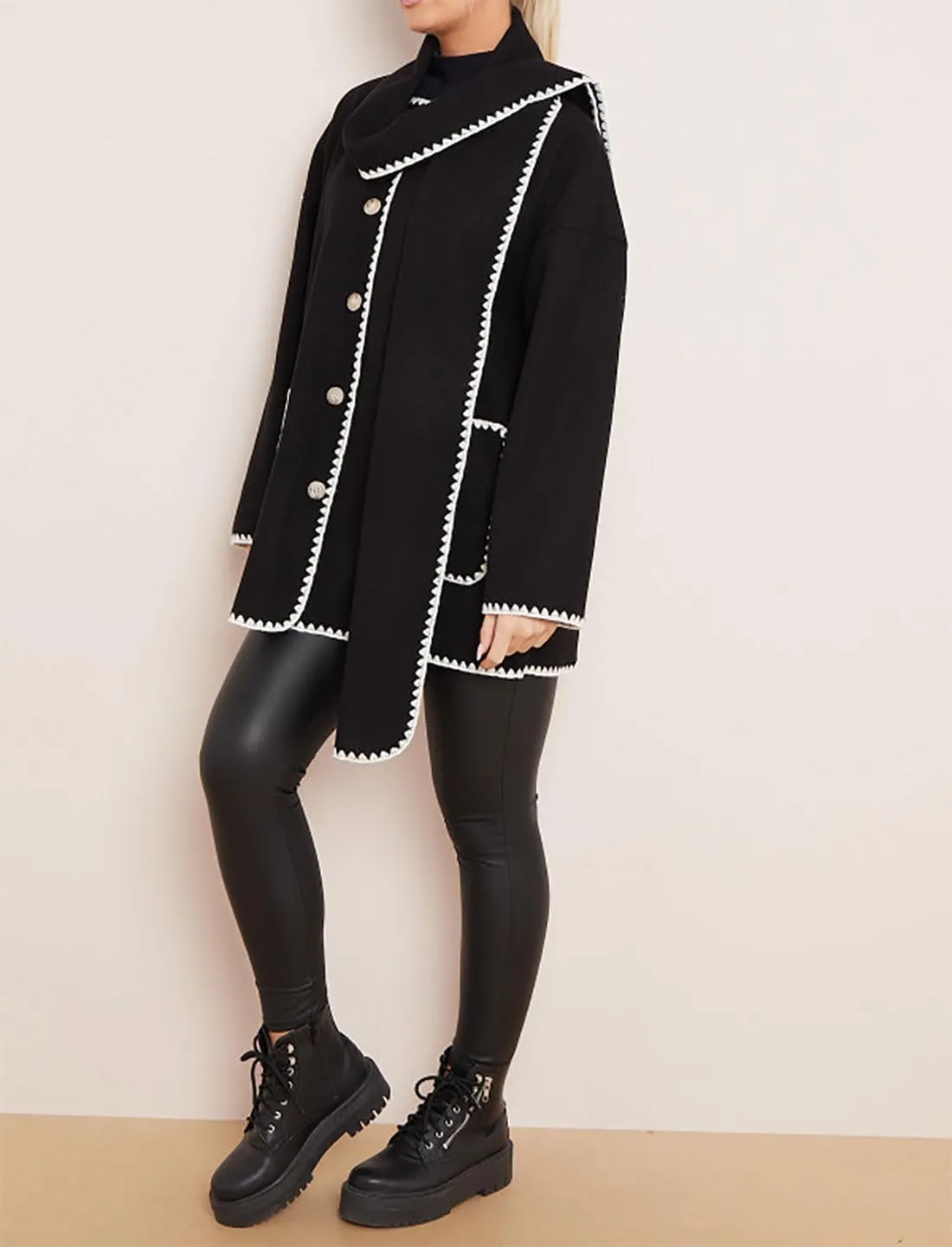 Womens Contrast Blanket Stitching Scarf Jacket Ladies Front Button Long Sleeves Pockets Jackets