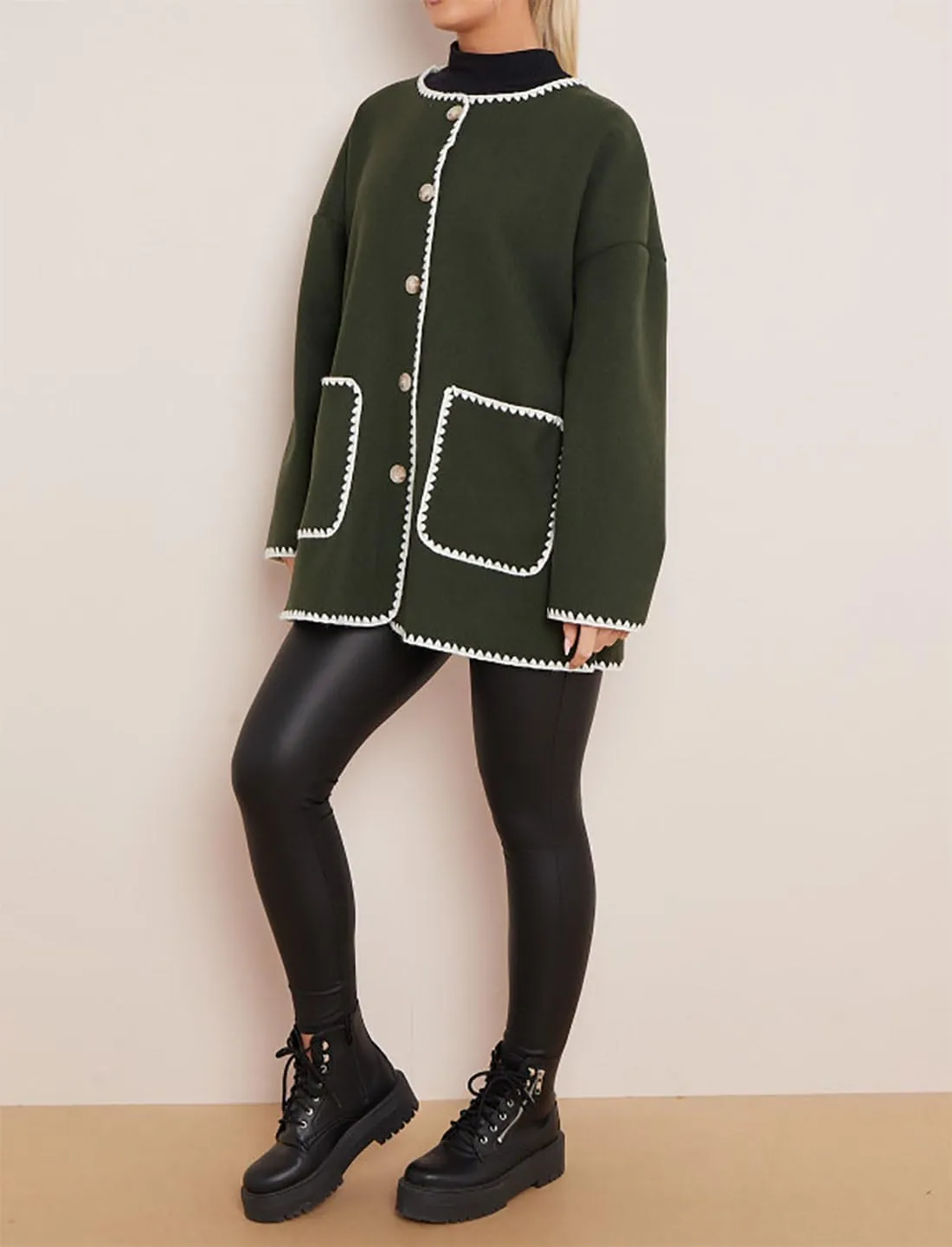 Womens Contrast Blanket Stitching Scarf Jacket Ladies Front Button Long Sleeves Pockets Jackets