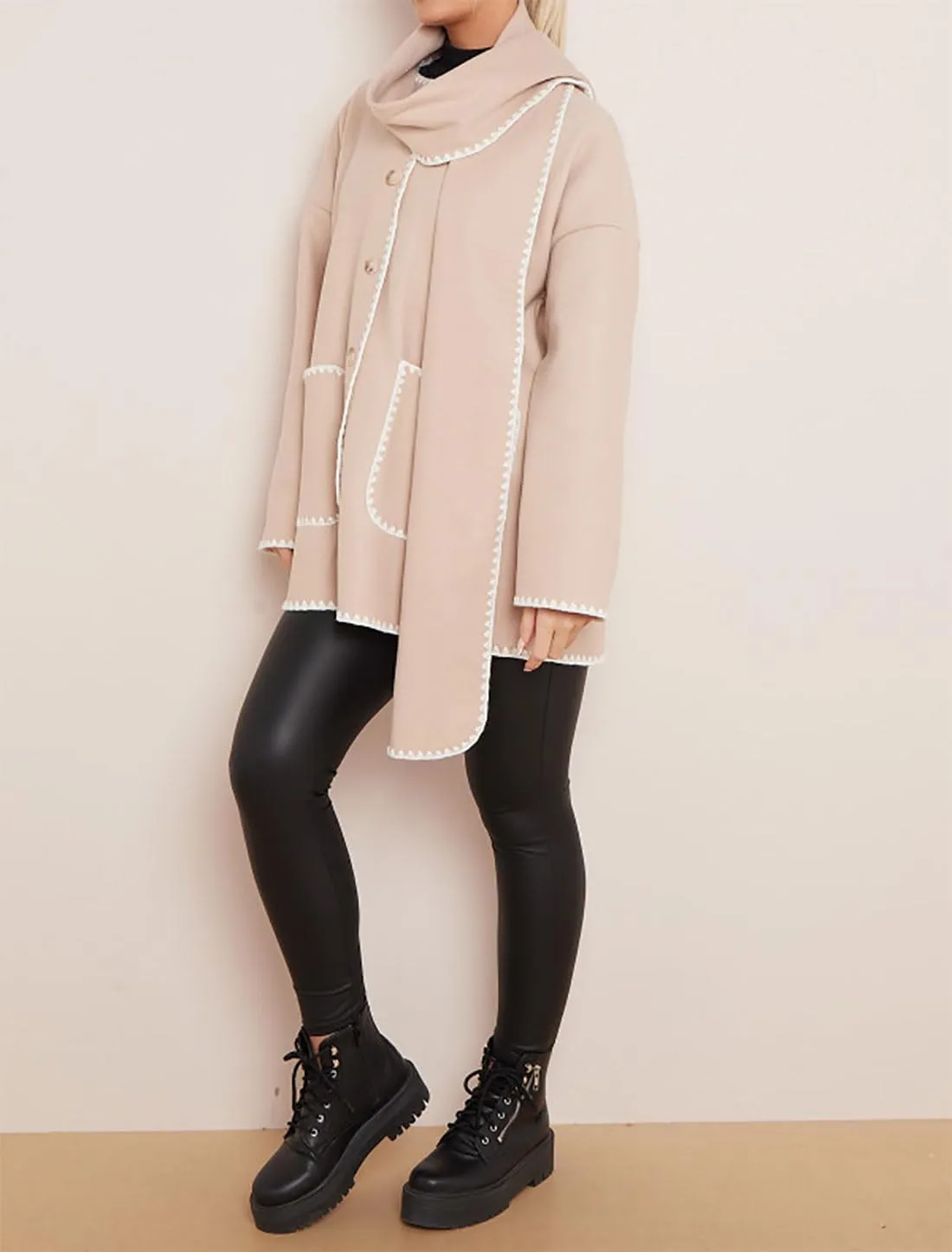 Womens Contrast Blanket Stitching Scarf Jacket Ladies Front Button Long Sleeves Pockets Jackets