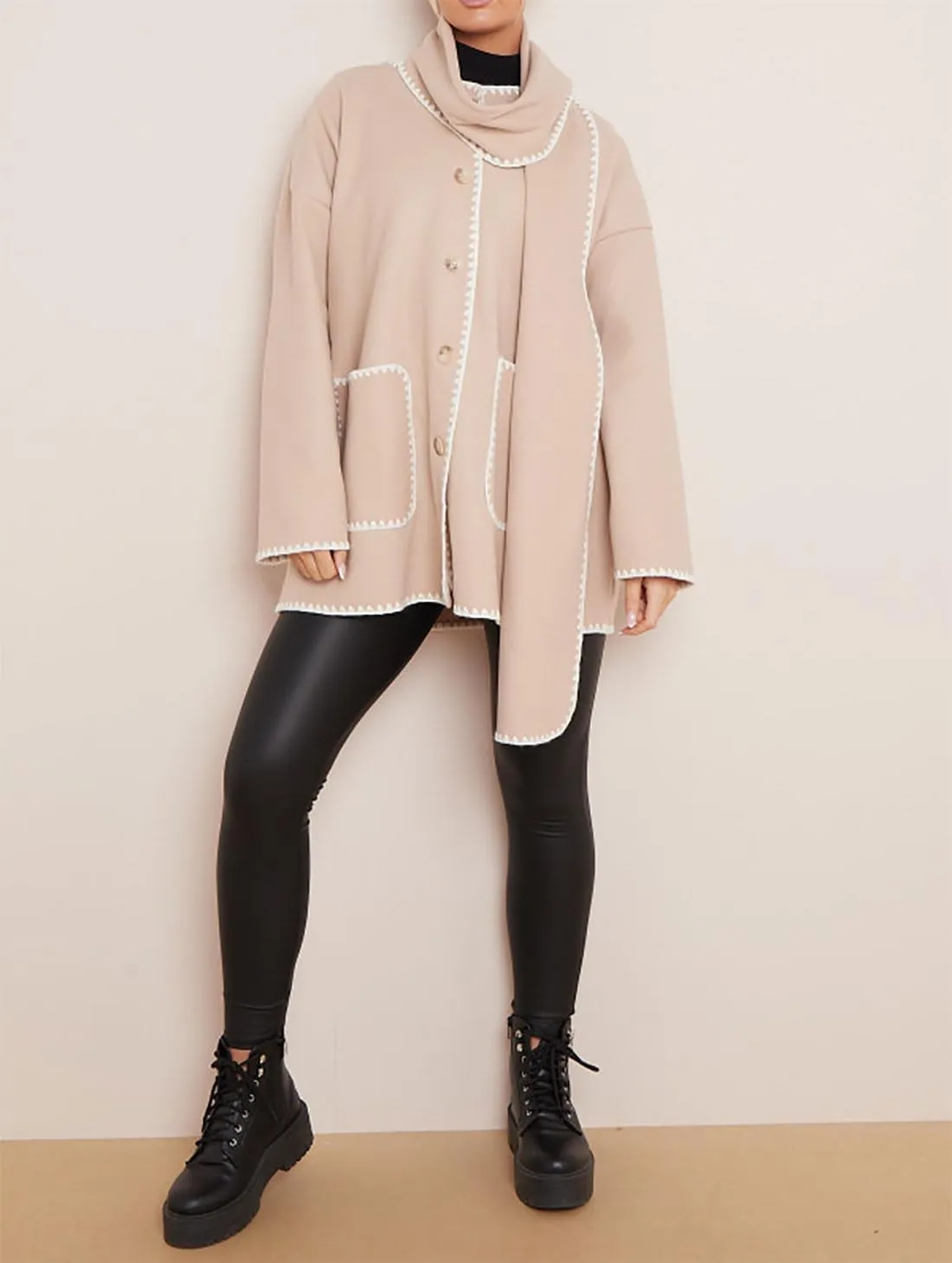 Womens Contrast Blanket Stitching Scarf Jacket Ladies Front Button Long Sleeves Pockets Jackets