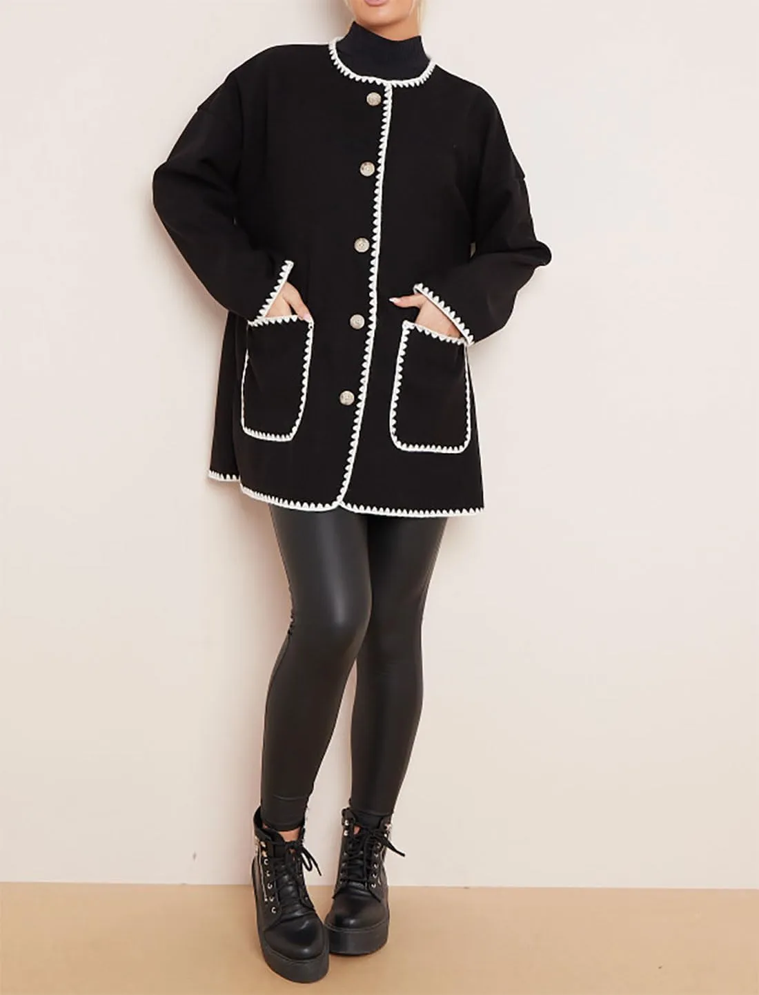 Womens Contrast Blanket Stitching Scarf Jacket Ladies Front Button Long Sleeves Pockets Jackets