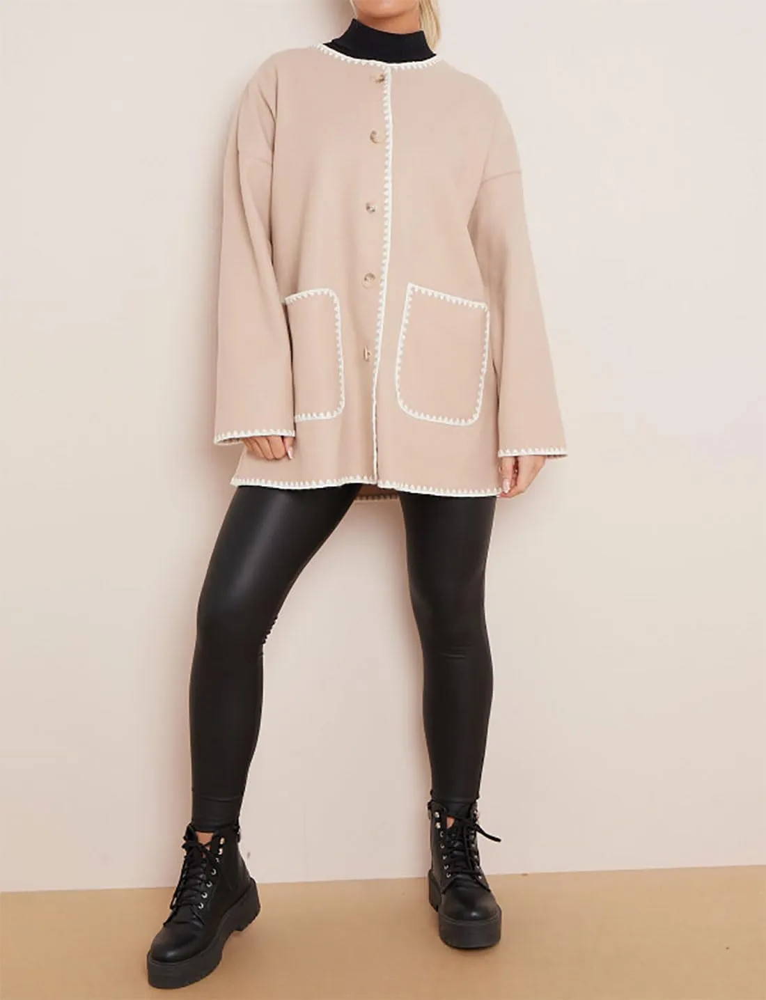 Womens Contrast Blanket Stitching Scarf Jacket Ladies Front Button Long Sleeves Pockets Jackets