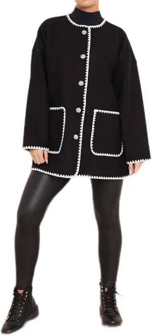 Womens Contrast Blanket Stitching Scarf Jacket Ladies Front Button Long Sleeves Pockets Jackets