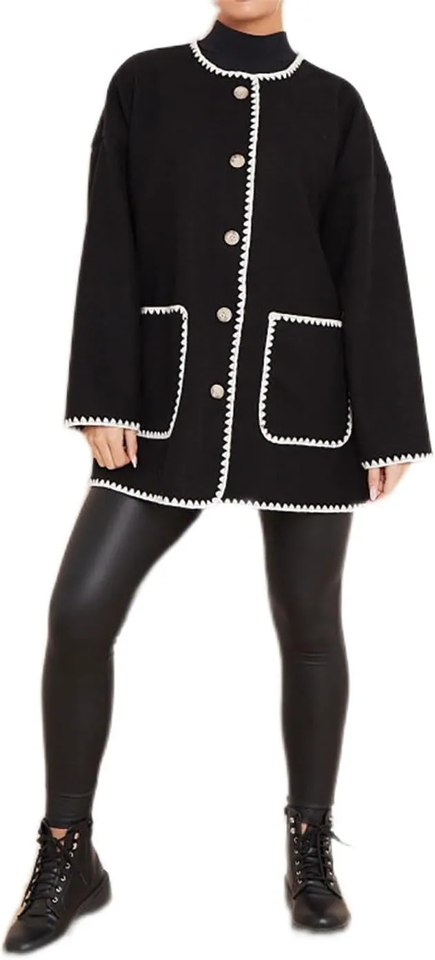 Womens Contrast Blanket Stitching Scarf Jacket Ladies Front Button Long Sleeves Pockets Jackets
