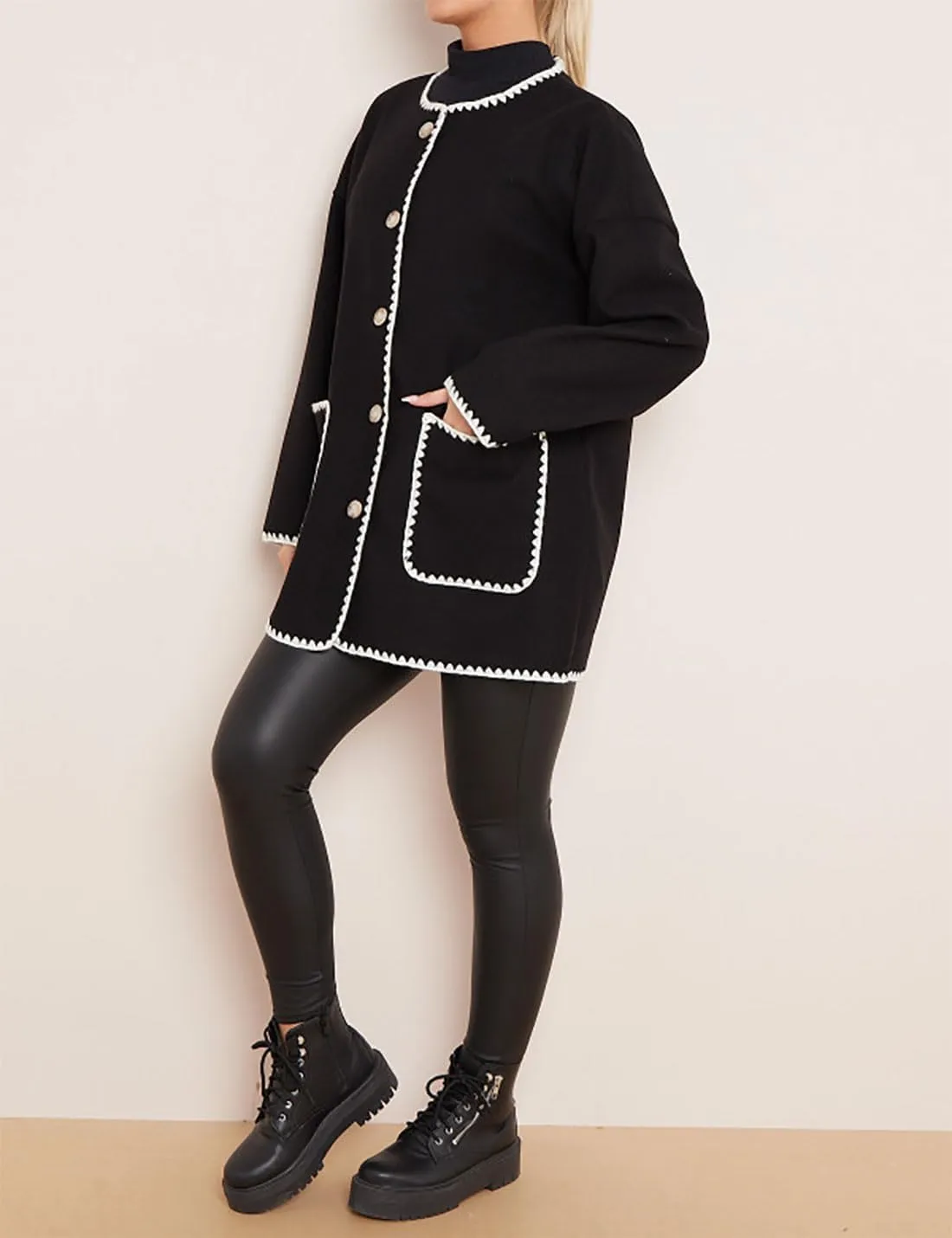 Womens Contrast Blanket Stitching Scarf Jacket Ladies Front Button Long Sleeves Pockets Jackets