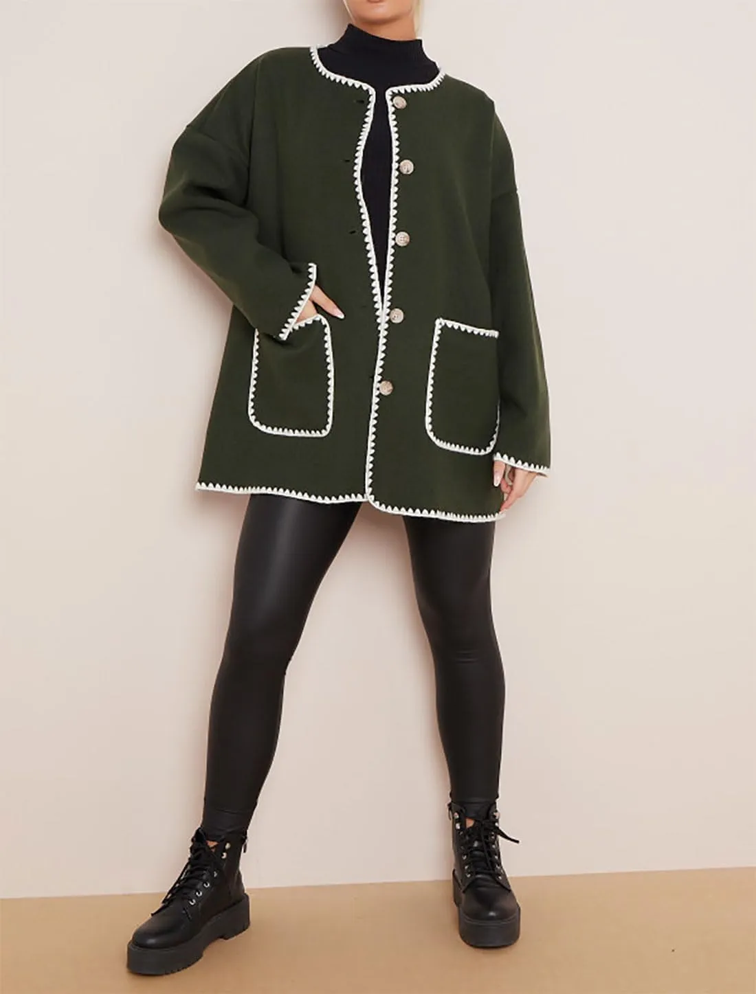 Womens Contrast Blanket Stitching Scarf Jacket Ladies Front Button Long Sleeves Pockets Jackets