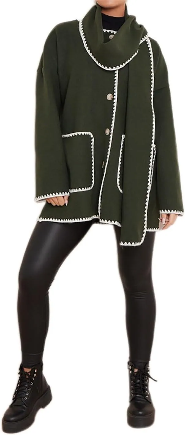 Womens Contrast Blanket Stitching Scarf Jacket Ladies Front Button Long Sleeves Pockets Jackets