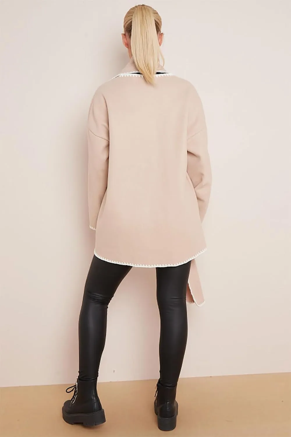 Womens Contrast Blanket Stitching Scarf Jacket Ladies Front Button Long Sleeves Pockets Jackets