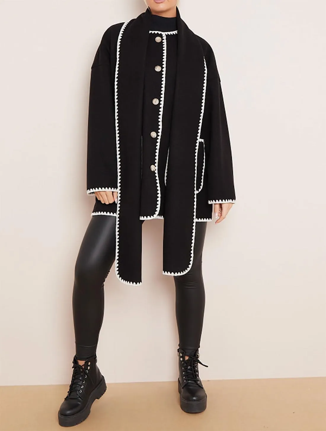 Womens Contrast Blanket Stitching Scarf Jacket Ladies Front Button Long Sleeves Pockets Jackets