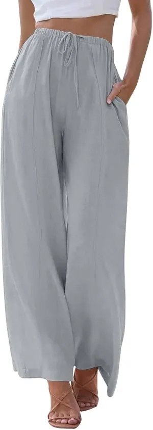 Womens Cotton Linen Palazzo Pants Drawstring Elastic Waist Casual Wide Leg Trousers Summer Beach Pants with Pockets
