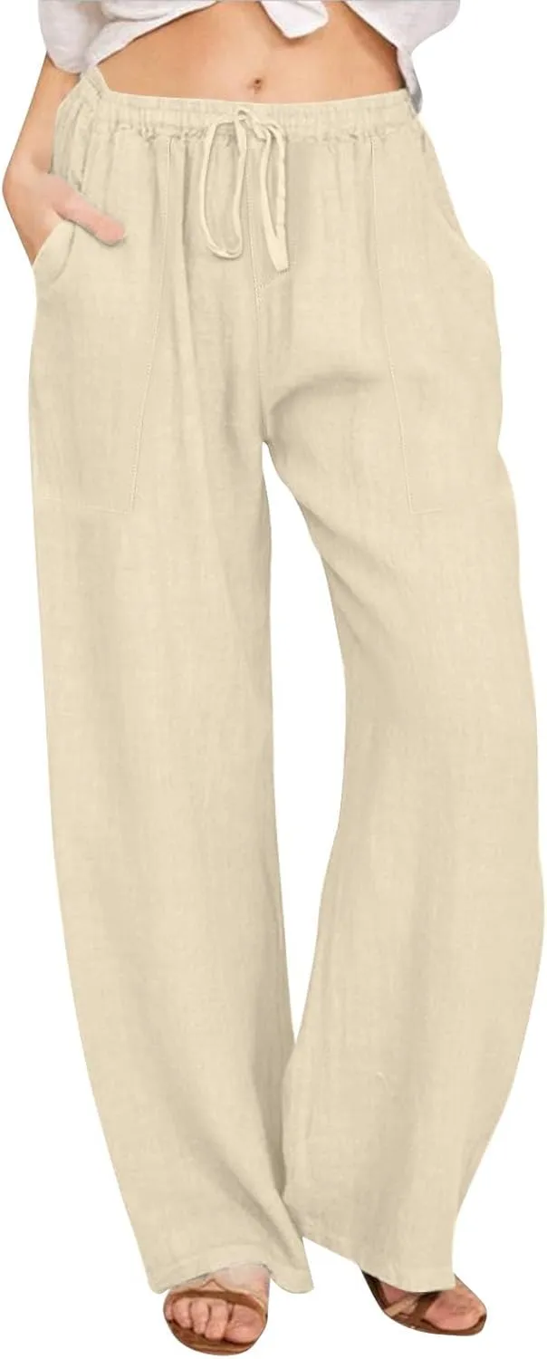 Womens Cotton Linen Palazzo Pants Drawstring Elastic Waist Casual Wide Leg Trousers Summer Beach Pants with Pockets