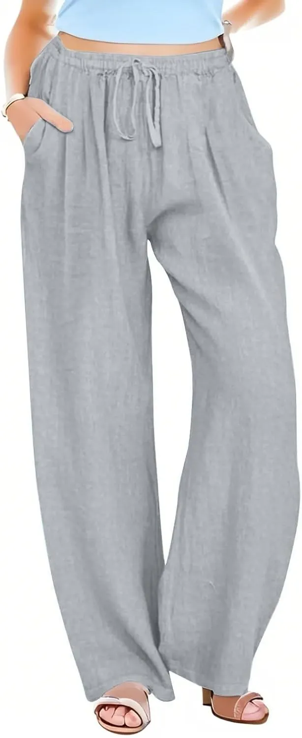Womens Cotton Linen Palazzo Pants Drawstring Elastic Waist Casual Wide Leg Trousers Summer Beach Pants with Pockets