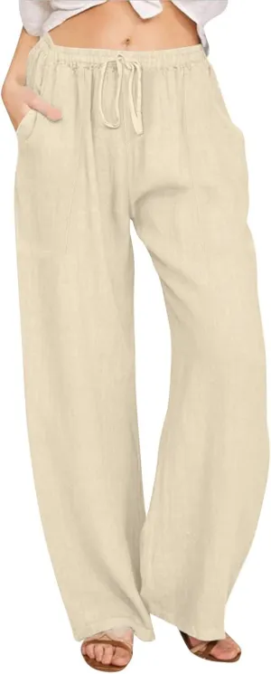 Womens Cotton Linen Palazzo Pants Drawstring Elastic Waist Casual Wide Leg Trousers Summer Beach Pants with Pockets