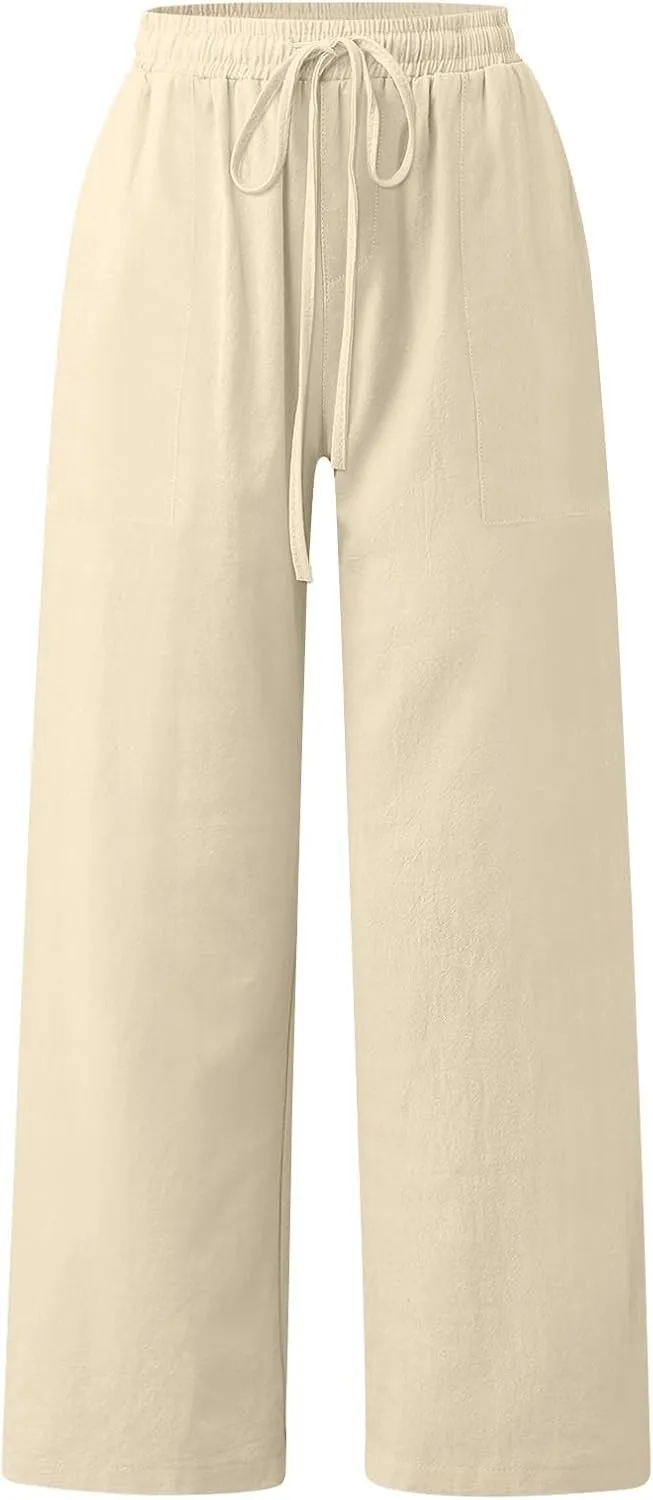 Womens Cotton Linen Palazzo Pants Drawstring Elastic Waist Casual Wide Leg Trousers Summer Beach Pants with Pockets