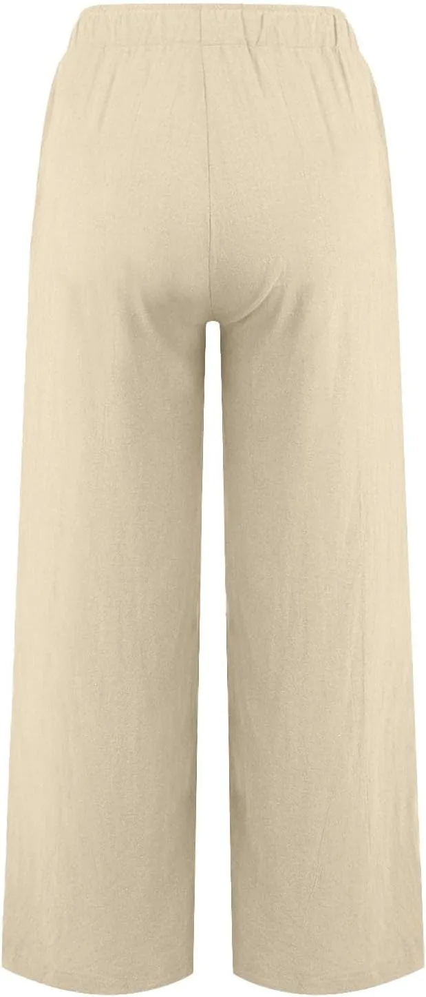Womens Cotton Linen Palazzo Pants Drawstring Elastic Waist Casual Wide Leg Trousers Summer Beach Pants with Pockets