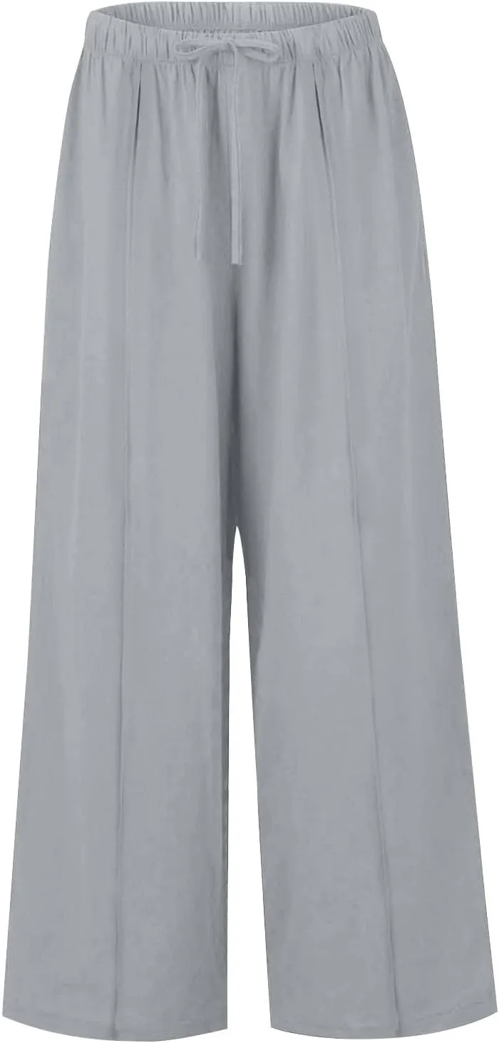 Womens Cotton Linen Palazzo Pants Drawstring Elastic Waist Casual Wide Leg Trousers Summer Beach Pants with Pockets