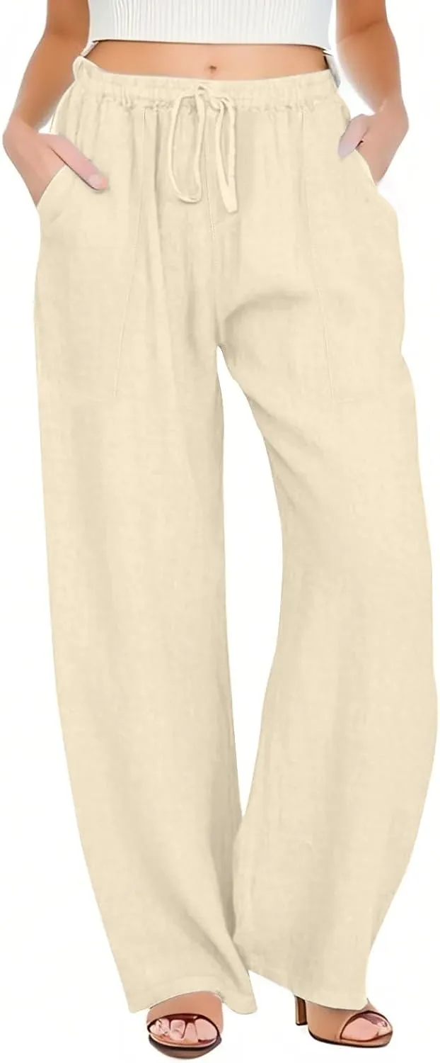 Womens Cotton Linen Palazzo Pants Drawstring Elastic Waist Casual Wide Leg Trousers Summer Beach Pants with Pockets